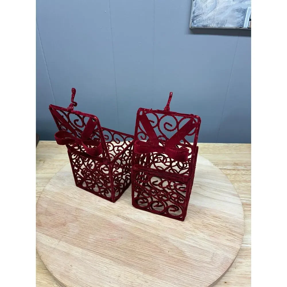 Pair of Red Velvet Gift Box Ornaments | Flocked Metal Filigree Boxes with Bows